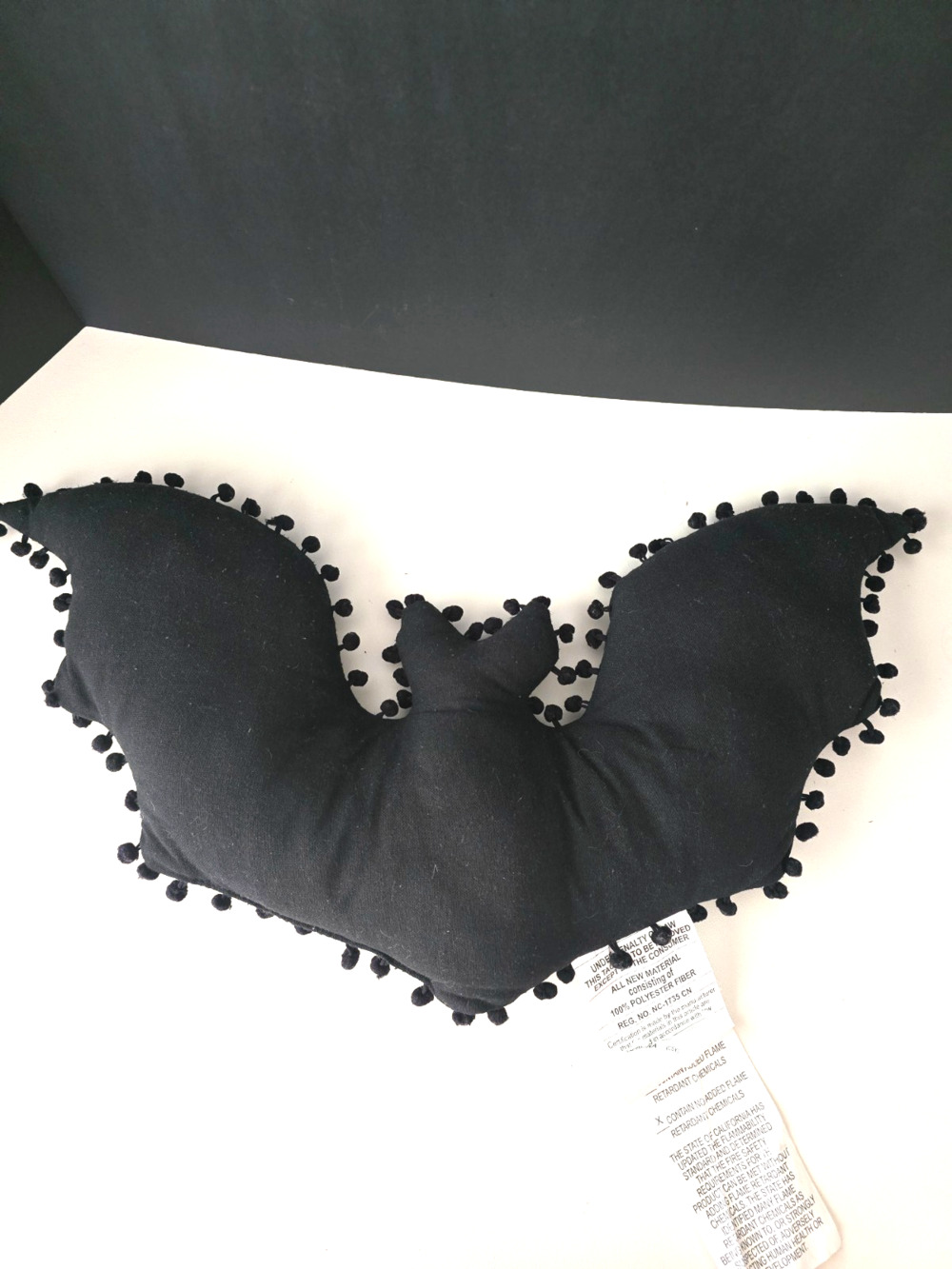 Black Bat Decorative Pillow w/Pom Poms 11" x 22" Goth
